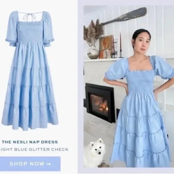 Hill House Nesli Shimmer Nap Dress in Light Blue Glitter Check - Picture 1 of 15